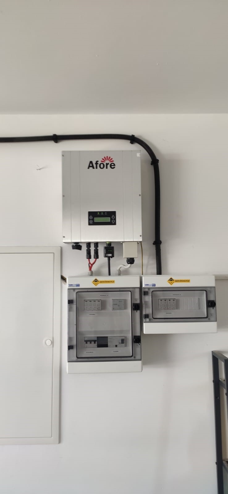 Biały inwerter firmy Afore zamontowany na ścianie, z widocznymi zabezpieczeniami w skrzynkach pod spodem i czarnymi kablami w peszlu.
