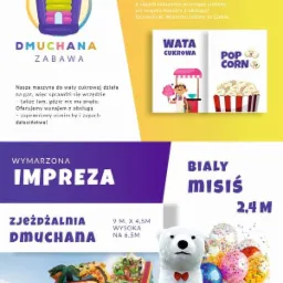 Plakat reklamowy: dmuchana zjeżdżalnia z motywem dżungli, biały miś z czerwoną muszką i balony. Napisy: Wymarzona Impreza, Od Teraz Do Wynajęcia.
