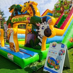 Zbigniew Paprocki - Kolorowy, dmuchany plac zabaw z motywem dżungli, żyrafa i zebra, zjeżdżalnia, na trawie, obok reklama firmy 'Dmuchana Zabawa' z misiem i numerem telefonu.