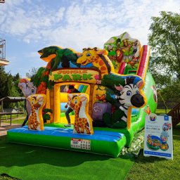 Zbigniew Paprocki - Kolorowy, dmuchany plac zabaw 'Jungle Park' z motywami zwierzęcymi, ustawiony na zielonej trawie. Widoczna tablica reklamowa z ofertą wynajmu dmuchańców.