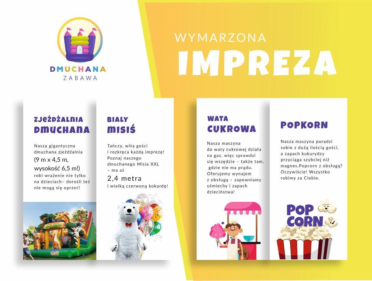 Dmuchana zjeżdżalnia, biały miś XXL, wata cukrowa i popcorn na imprezę. Wynajem z obsługą w Tarnowie. Atrakcje na wydarzenia.