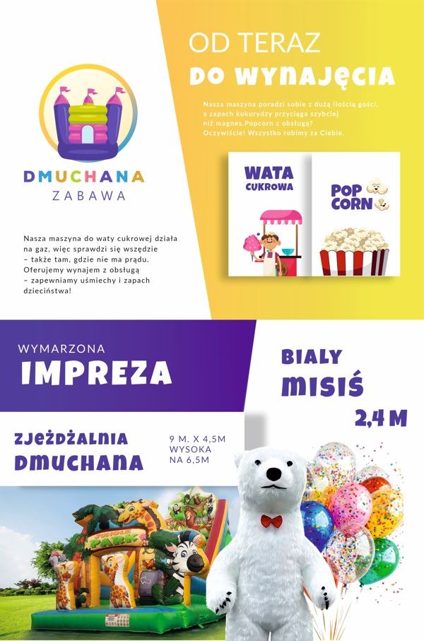 Plakat reklamowy: dmuchana zjeżdżalnia z motywem dżungli, biały miś z czerwoną muszką i balony. Napisy: Wymarzona Impreza, Od Teraz Do Wynajęcia.