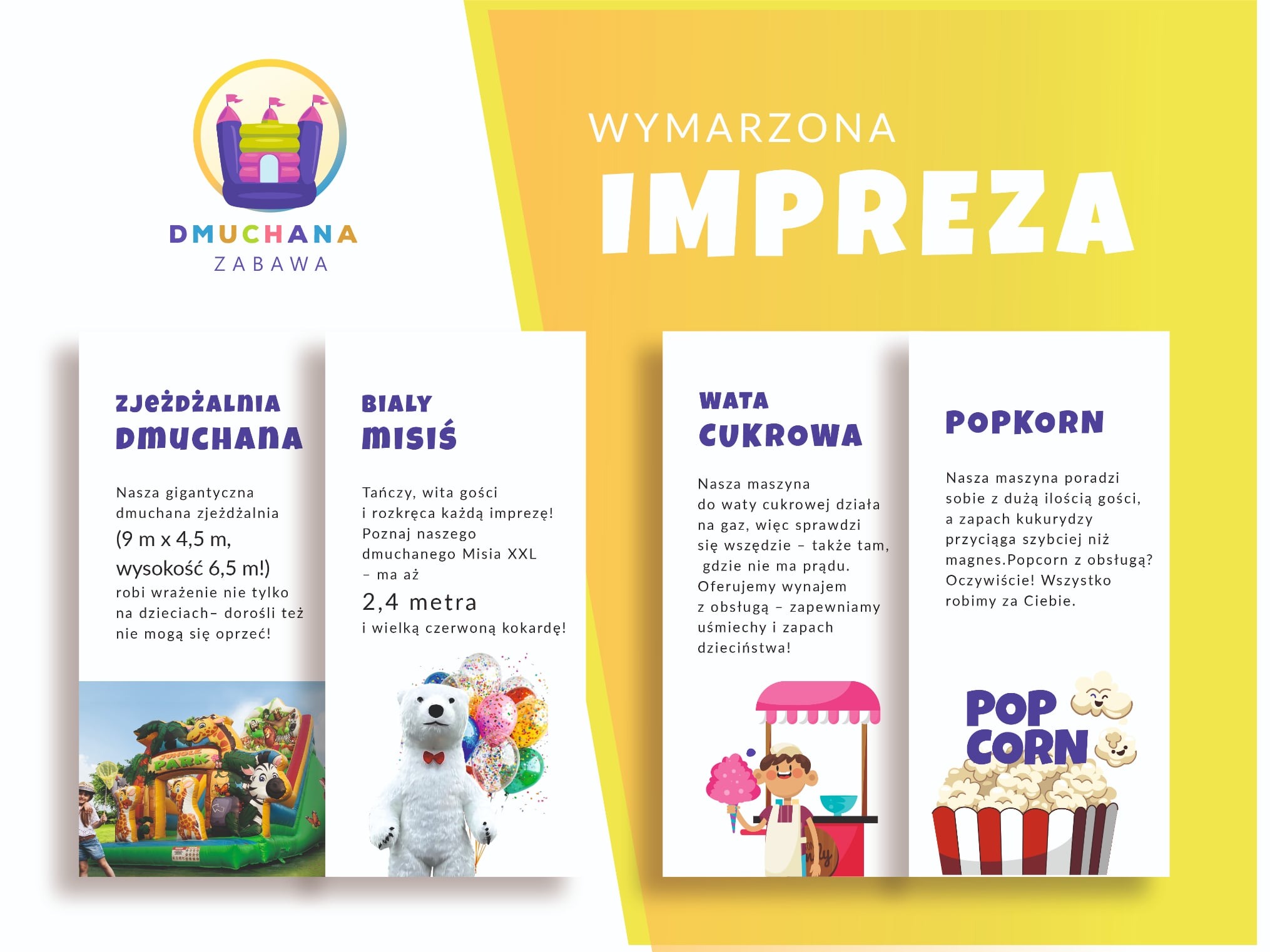 Grafika reklamowa z dmuchaną zjeżdżalnią, misiem XXL, watą cukrową i popcornem, promująca imprezy dla dzieci. Żywe kolory, zabawny design.