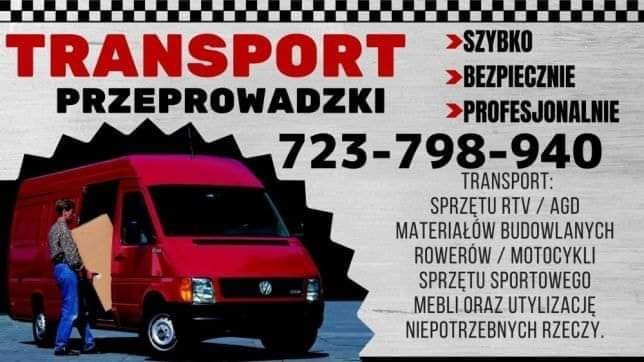 Reklama firmy transportowej: czerwony bus, pracownik niosący karton, hasła Szybko, Bezpiecznie, Profesjonalnie, numer telefonu i lista przewożonych towarów.
