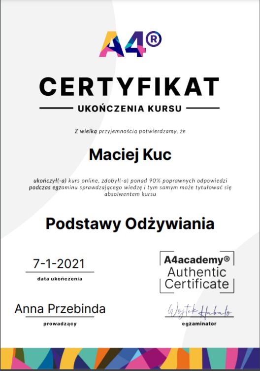 Certyfikat ukończenia kursu online z podstaw odżywiania dla Macieja Kuc, wydany przez A4academy, podpisany przez prowadzącą Annę Przebindę i egzaminatora Wojtka Habato, data ukończenia 7-1-2021.