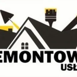 Graficzne logo firmy remontowej zarysowane czarną linią, przedstawiające sylwetkę dachu domu, na którym umieszczono ikonę pędzla, kielni i wałka do malowania, a poniżej napis 'REMONTOWE USŁUGI'.