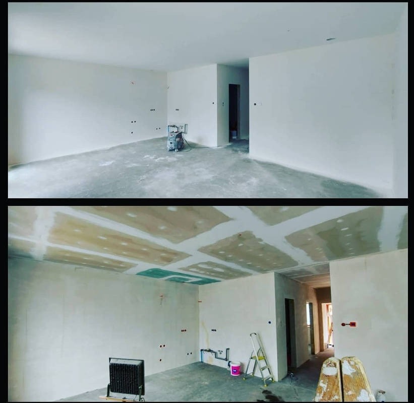 Podwójne ujęcie pokoju w trakcie remontu: górne przedstawia przygotowany pokój z szlifierką do gładzi; dolne ukazuje sufit z płyt gipsowo-kartonowych przed gładzeniem, widoczne instalacje i drabina.