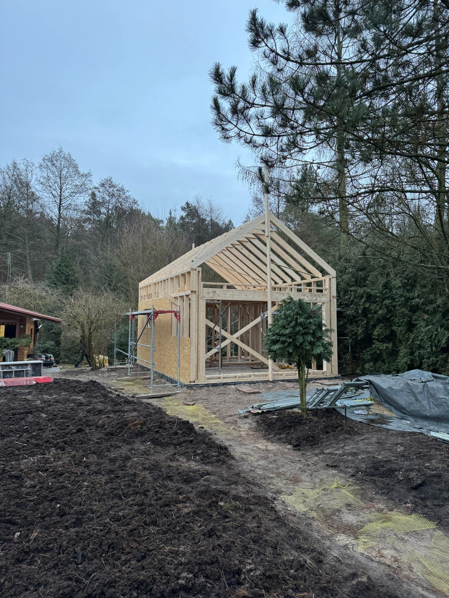Wznoszenie konstrukcji szkieletowej domu z widocznym odeskowaniem jednej ściany. Na pierwszym planie ziemia, w tle drzewa i fragment budynku.
