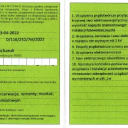 Skan polskiego świadectwa kwalifikacji elektrycznych Damiana Kucharuka, uprawniającego do obsługi, konserwacji, remontów, montażu i pomiarów kontrolnych urządzeń, instalacji i sieci...