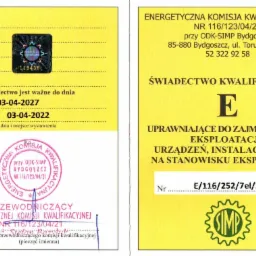 Skan świadectwa kwalifikacyjnego energetycznego komisji kwalifikacyjnej z Bydgoszczy, uprawniającego do zajmowania się eksploatacją urządzeń, instalacji i sieci na stanowisku eksploatacji,...
