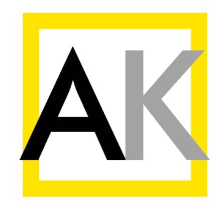 Logo firmy z czarną literą A i szarą literą K w żółtej ramce.