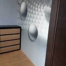 Nowoczesna tapeta z geometrycznym wzorem 3D i iluzją wklęsłych elips na ścianie w pokoju, obok komody z jasnego drewna i ciemną obudową.