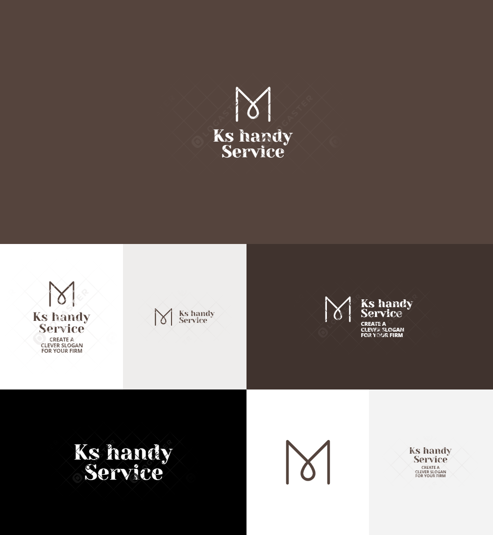 Logo Ks handy Service przedstawione w różnych wariantach kolorystycznych i kompozycjach, z motywem litery M przypominającej pętlę sznurka.
