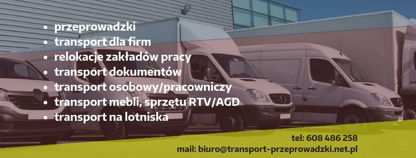 Flota białych vanów transportowych zaparkowana przed budynkiem magazynowym, z nałożonym tekstem reklamowym i danymi kontaktowymi firmy.