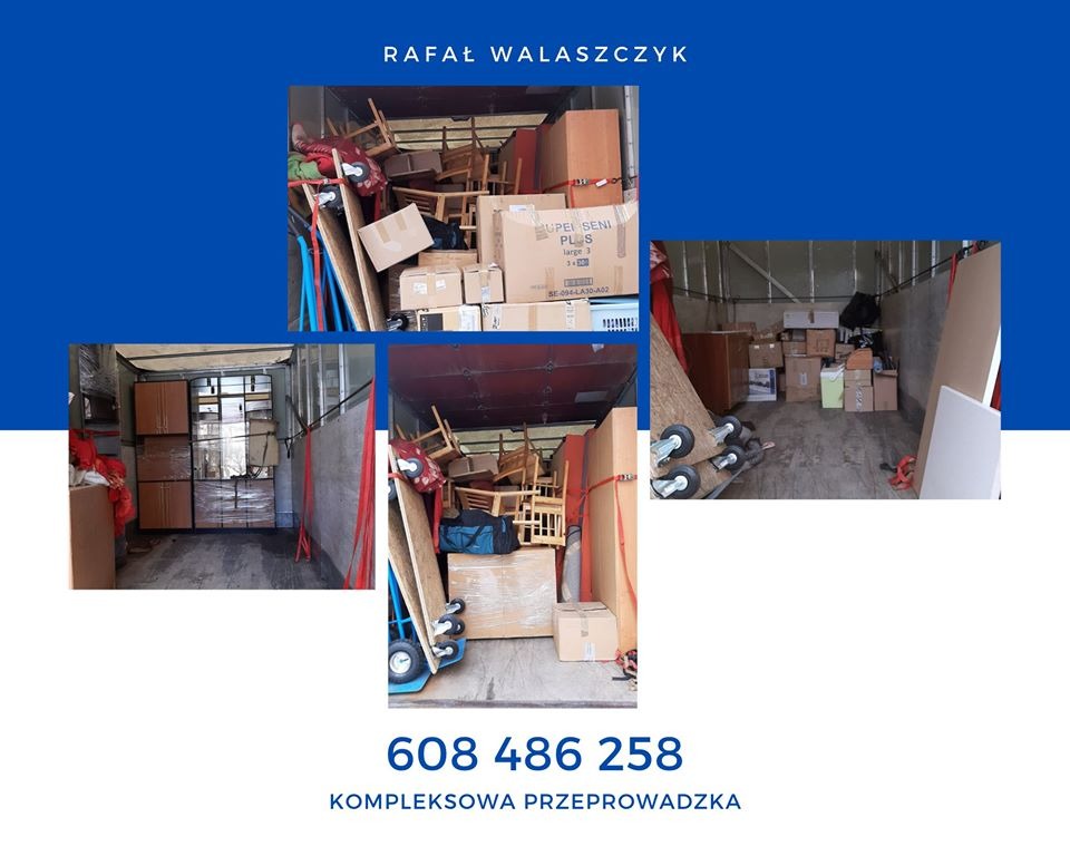 Kolaż zdjęć wnętrza busa załadowanego meblami i kartonami, zabezpieczonymi pasami, podczas przeprowadzki.