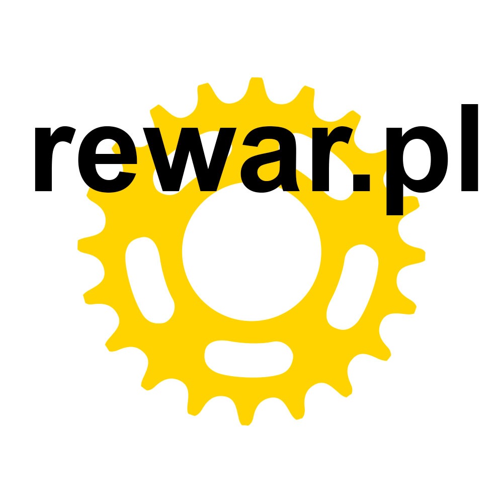 Żółte koło zębate z czarnym napisem rewar.pl na białym tle, logo firmy.