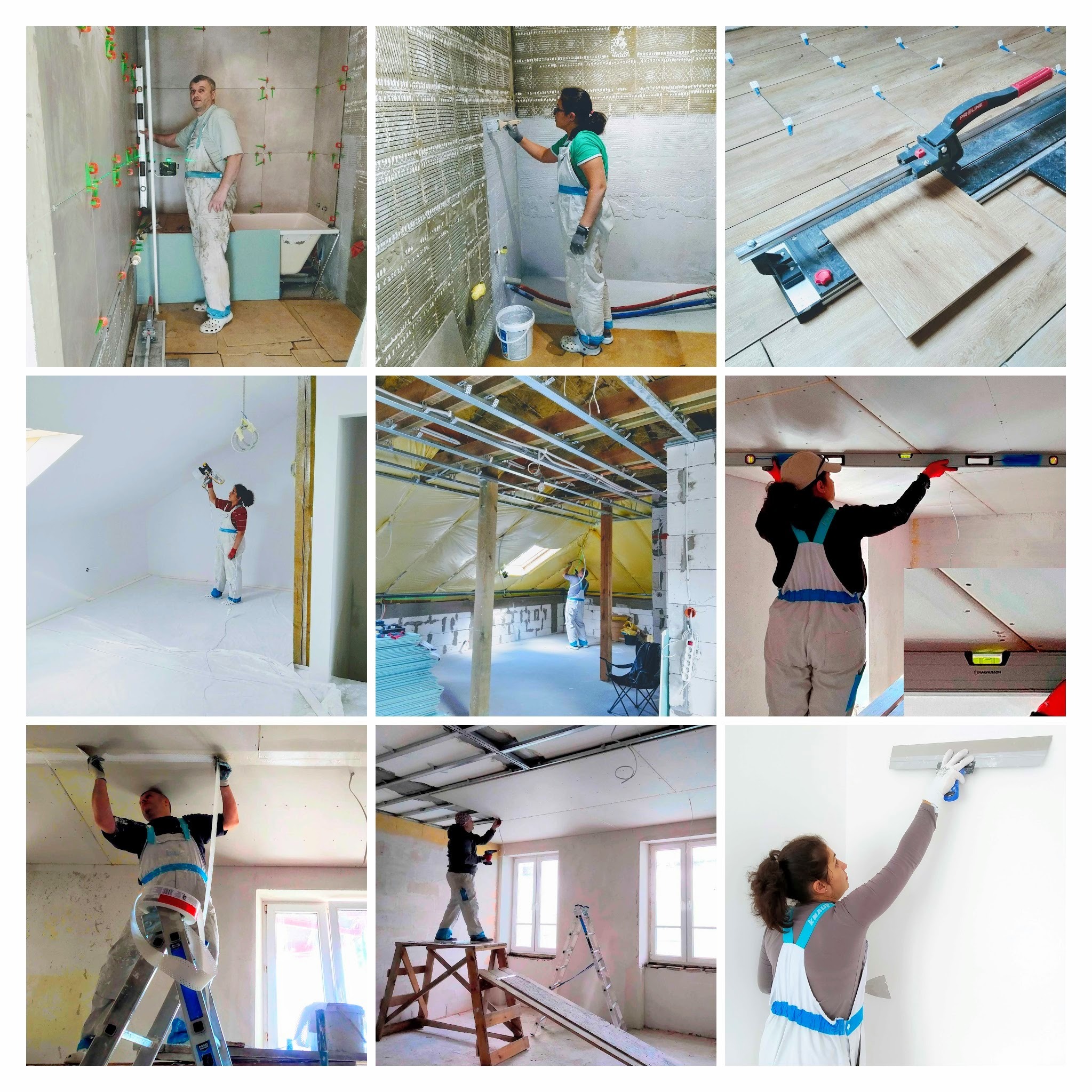 Kolaż przedstawiający różne etapy prac wykończeniowych: układanie płytek w łazience, nakładanie tynku, cięcie płytek, malowanie natryskowe, montaż konstrukcji sufitu podwieszanego, sprawdzanie...