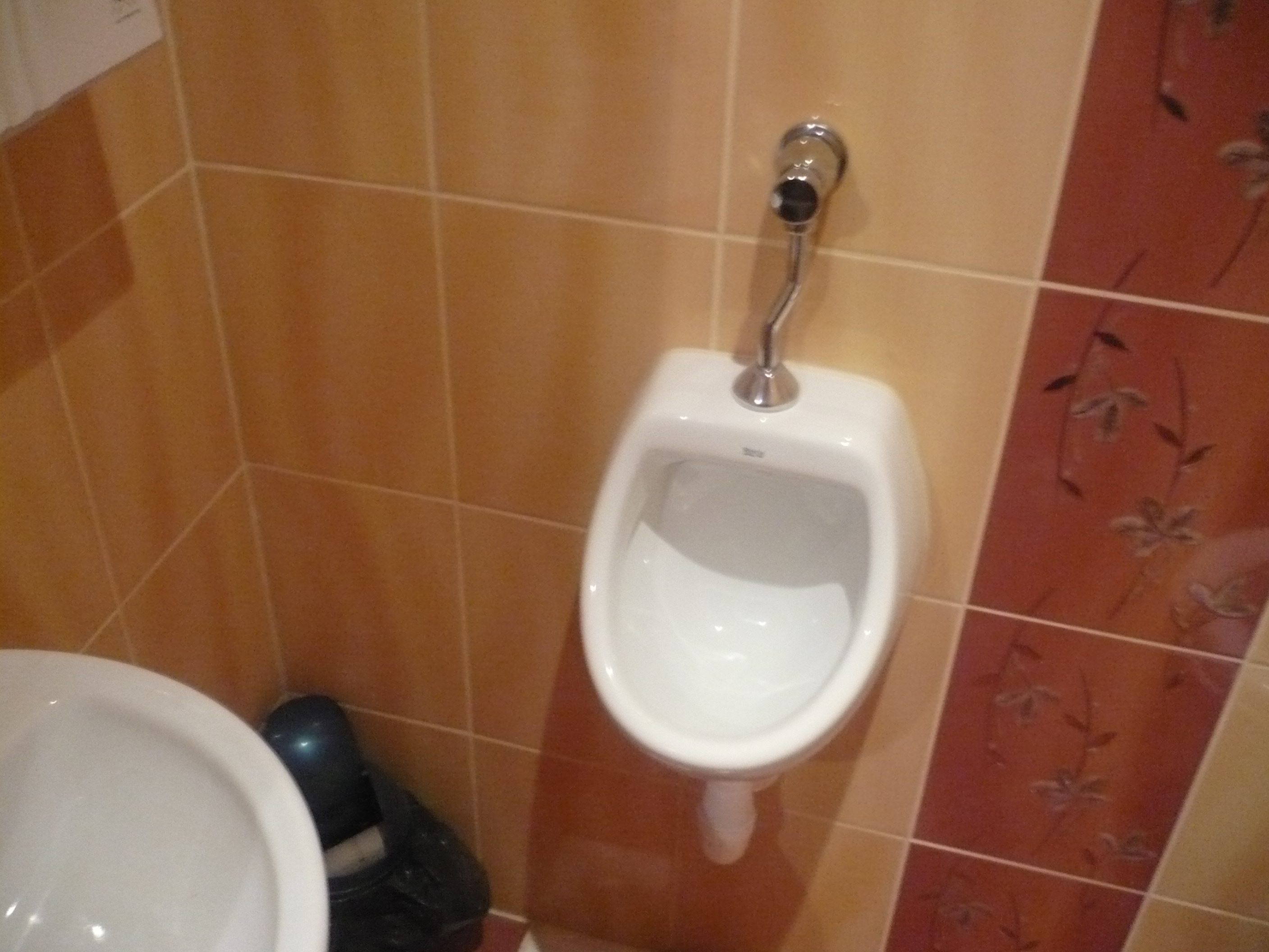 Biały pisuar ceramiczny z chromowaną rurą doprowadzającą wodę, zamontowany na brązowo-pomarańczowych płytkach z motywem kwiatowym, obok widoczny fragment toalety i czarny worek na śmieci.