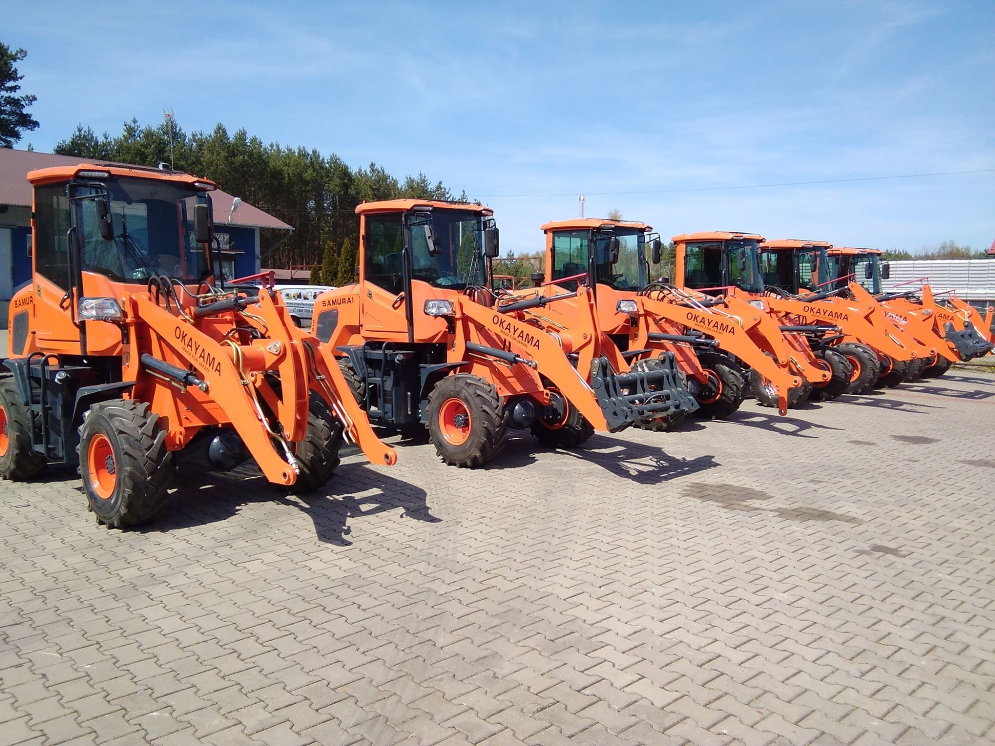 Szereg pomarańczowych, nowych ładowarek teleskopowych marki Okayama Samurai, ustawionych na brukowanym placu, gotowych do sprzedaży lub wynajmu.