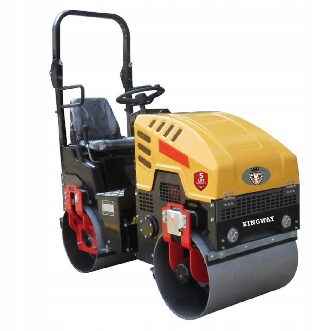Nowa, kompaktowa walcarka wibracyjna marki Kingway, z żółtą obudową i czarną ramą, z widocznym logo i naklejką '5 lat gwarancji', prezentowana na białym tle.