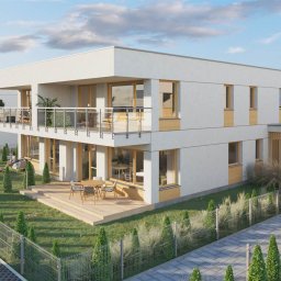 Kascad Sp. z o.o. - Wizualizacja osiedla domów wielorodzinnych z płaskim dachem i drewnianymi tarasami, otoczonych zielenią i ogrodzeniem z siatki. Na pierwszym planie zaparkowany samochód.