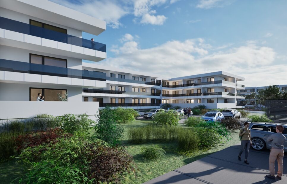 Wizualizacja osiedla wielorodzinnego z białymi budynkami o nowoczesnej architekturze, szklane balustrady balkonów, parking przed budynkami, zagospodarowany teren zielony z krzewami i trawami...