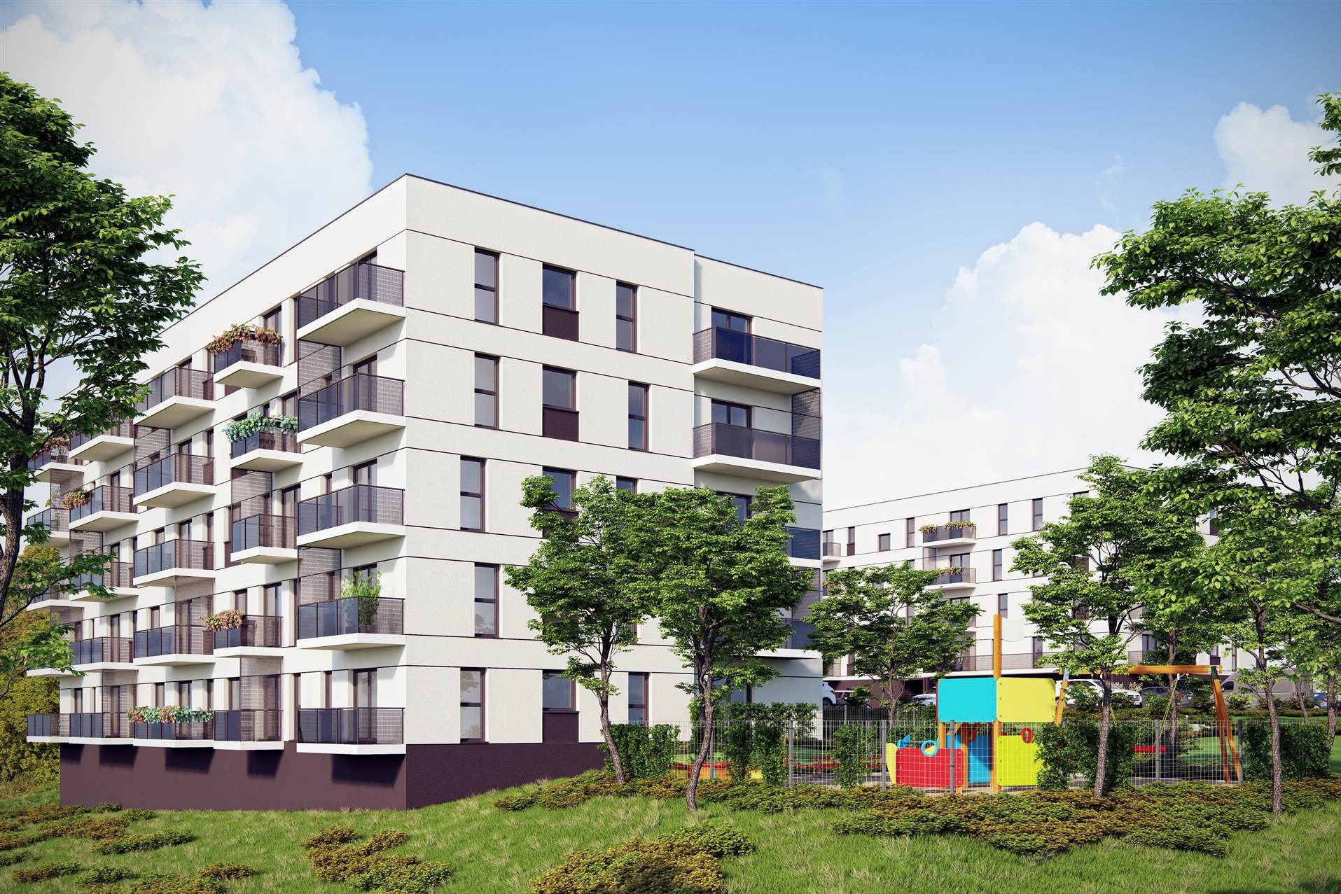 Wizualizacja osiedla wielorodzinnego z białymi budynkami o nowoczesnej architekturze, z balkonami, zielenią i placem zabaw w tle.