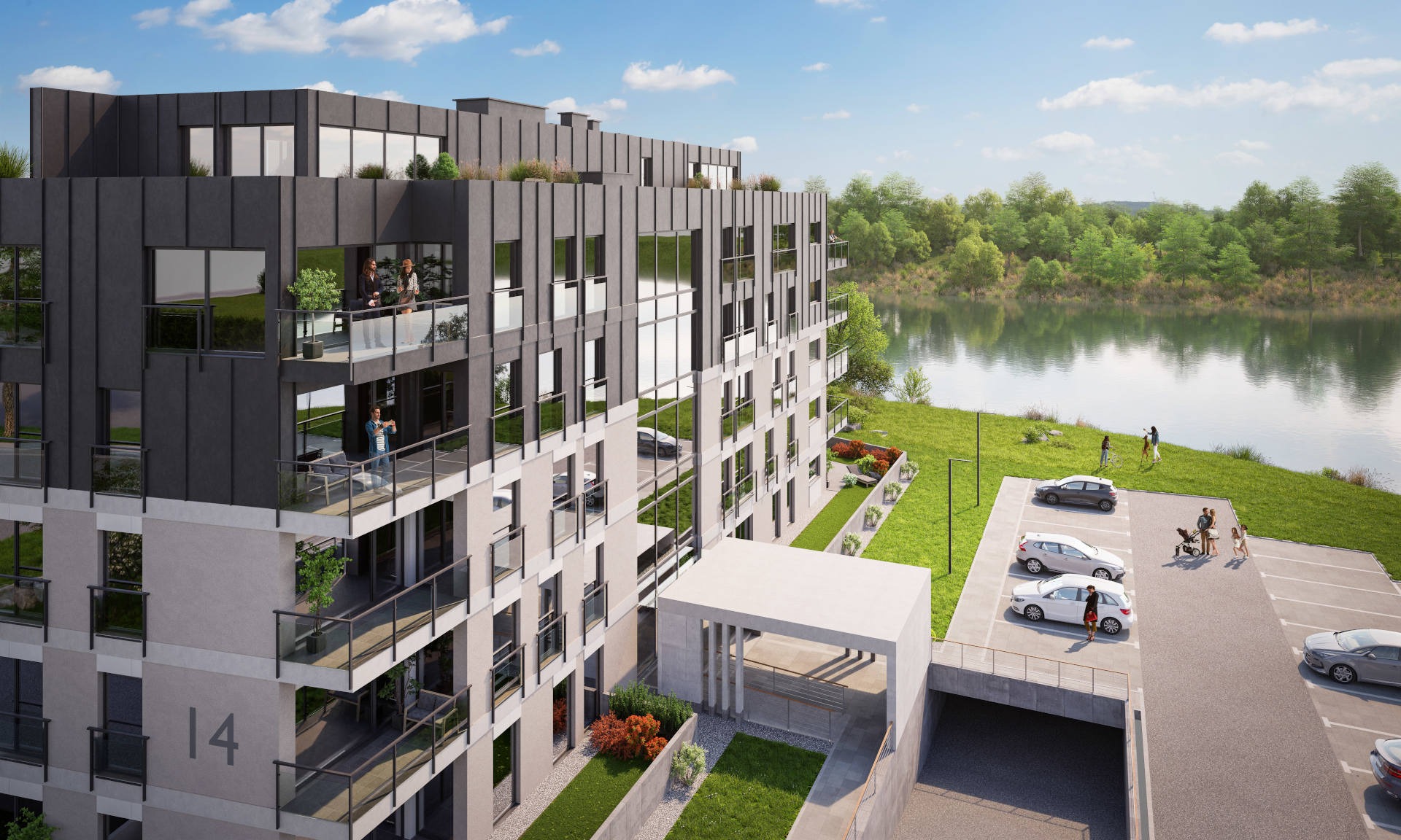Wizualizacja nowoczesnego, wielorodzinnego budynku mieszkalnego z balkonami i tarasami na dachu, z widokiem na rzekę, parkingiem i zielenią.