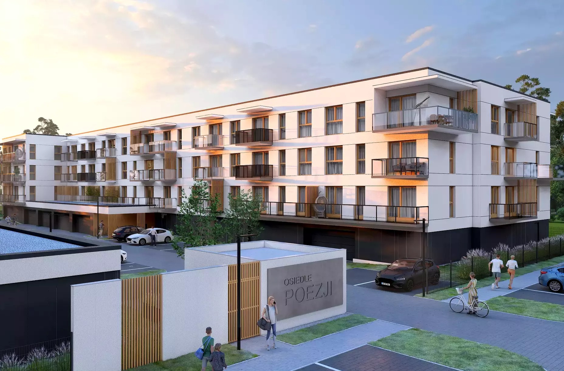 Wizualizacja osiedla wielorodzinnego 'Osiedle Poezji' z białymi budynkami żelbetowymi, balkonami z szklanymi balustradami, miejscami parkingowymi, elementami drewnianymi w ogrodzeniu i osobami...
