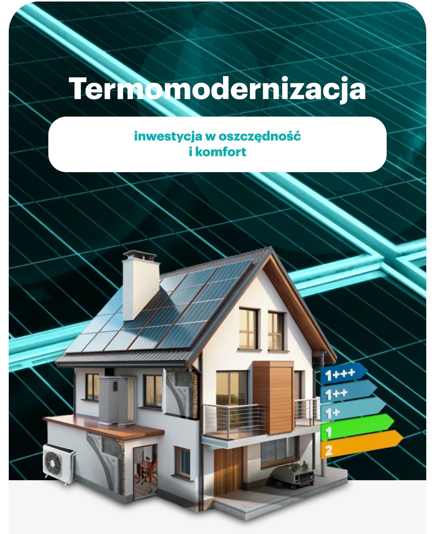 Wizualizacja domu z panelami słonecznymi na dachu, klimatyzacją, pompą ciepła i przekrojem warstw izolacyjnych ścian, z naniesionymi etykietami efektywności energetycznej.