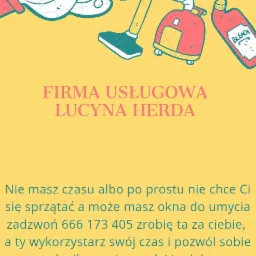 Ilustracja reklamowa firmy usługowej Lucyna Herda, z rysunkami odkurzacza, płynu do czyszczenia i piany, oraz tekstem zachęcającym do skorzystania z usług sprzątania i mycia okien.