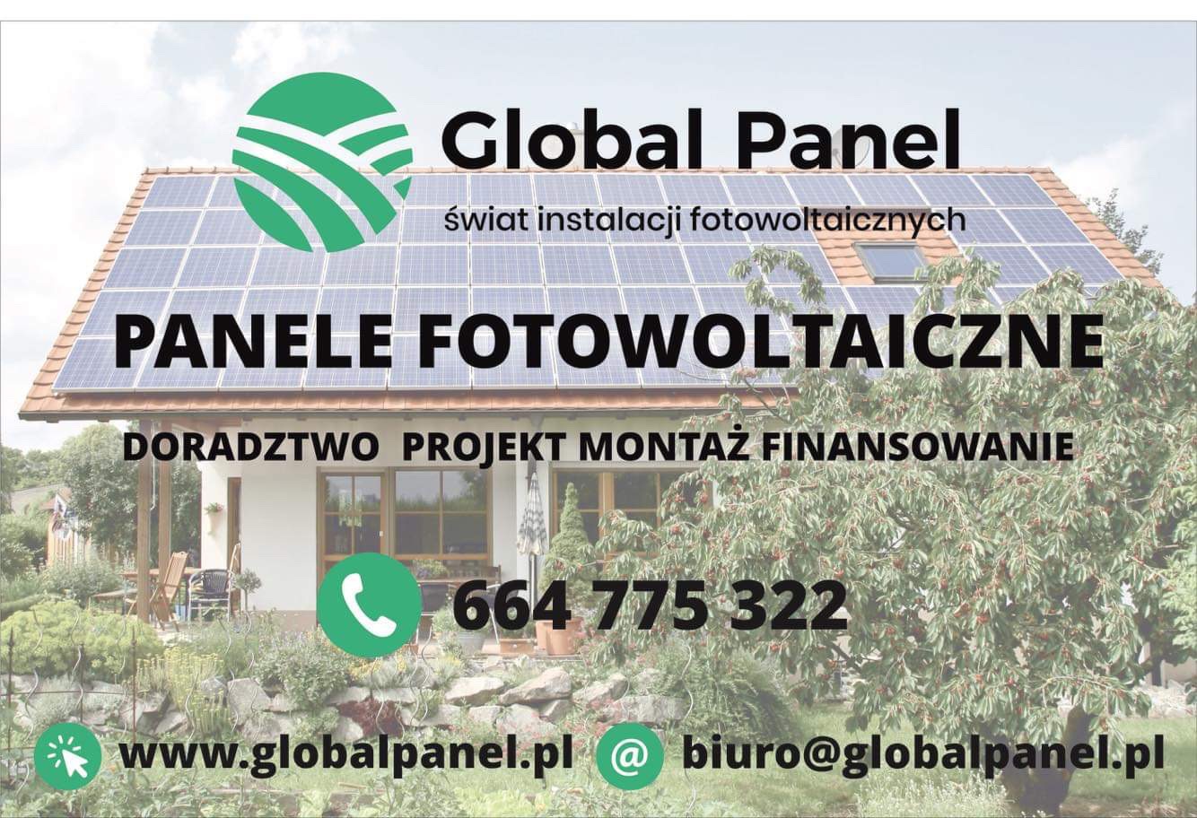 Grafika reklamowa firmy Global Panel prezentująca dom z panelami słonecznymi na dachu, numer telefonu, adres strony internetowej i email.