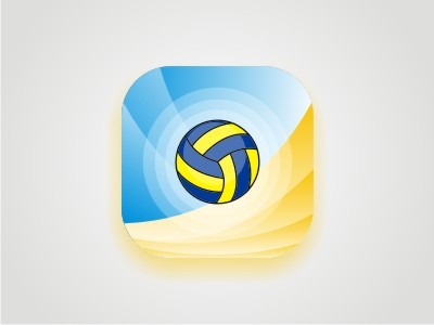 Ikonka aplikacji mobilnej przedstawiająca piłkę do siatkówki w kolorach niebieskim i żółtym na tle z gradientem od błękitu do piaskowego beżu, umieszczona w zaokrąglonym kwadracie z efektem szkła.