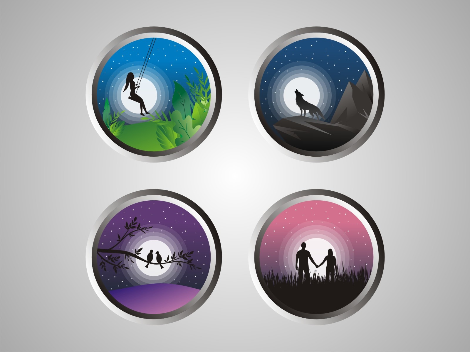 Zestaw czterech okrągłych ikon przedstawiających sylwetki: dziewczyny na huśtawce na tle księżyca i zieleni, wyjącego wilka na skale pod rozgwieżdżonym niebem, dwóch ptaków siedzących na gałęzi...