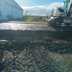 Bud-Car SP. z o.o., Sp. k. - Biała koparka kołowa na placu budowy, przygotowująca teren pod budowę drogi. Ujęcie z bliska na wykop, w tle budynek mieszkalny i odległe pola.
