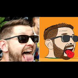 Kreator Artystyczny - Zdjęcie portretowe mężczyzny w okularach przeciwsłonecznych z wyciągniętym językiem, zestawione z jego cyfrową ilustracją w stylu kreskówkowym na pomarańczowym tle.