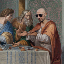 Kreator Artystyczny - Parodia Ostatniej Wieczerzy z nowoczesnym mężczyzną w okularach przeciwsłonecznych, siedzącym przy stole z chlebem i napojami.