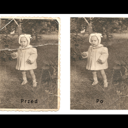 Kreator Artystyczny - Czarno-białe zdjęcie przedstawiające porównanie stanu starej fotografii przed i po renowacji: po lewej zniszczona, podarta fotografia dziewczynki, po prawej odrestaurowana wersja bez uszkodzeń.