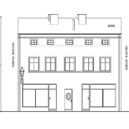 Kreator Artystyczny - Techniczny rysunek elewacji budynku trzypiętrowego z oknami, drzwiami i lampą uliczną, z wymiarami i oznaczeniami sąsiednich budynków.