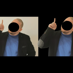 Kreator Artystyczny - Mężczyzna w czarnej marynarce i niebieskiej koszulce z uniesionym palcem wskazującym, prezentujący pomysł lub ofertę, w Warszawie.