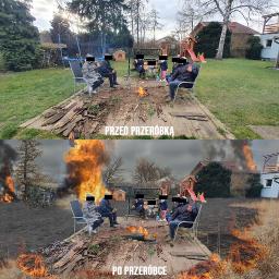 Kreator Artystyczny - Porównanie dwóch zdjęć: pierwotnego i zmodyfikowanego cyfrowo. Na górnym zdjęciu rodzina siedzi przy ognisku w ogrodzie. Dolne zdjęcie przedstawia tę samą scenę, ale z dodatkowymi efektami...