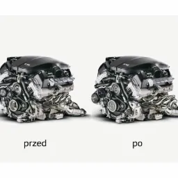 Silnik samochodowy: porównanie stanu przed i po renowacji, ukazujące różnicę w czystości i wyglądzie komponentów.