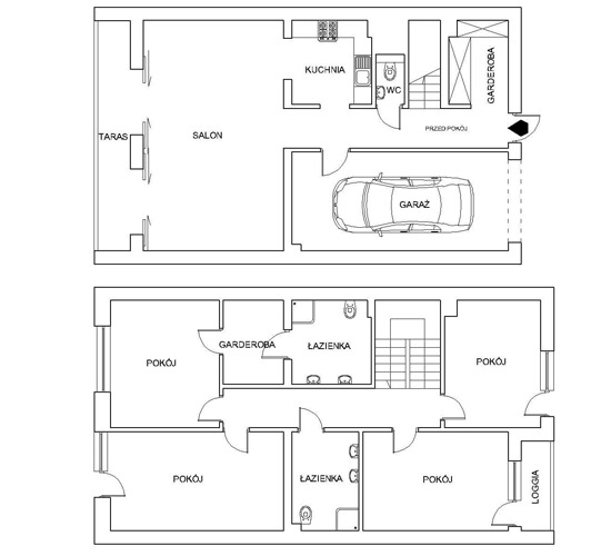 Schemat architektoniczny dwukondygnacyjnego domu z garażem, tarasem i loggią, przedstawiony w formie planu z góry, z opisem pomieszczeń.