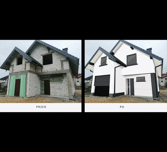 Porównanie wizualizacji domu jednorodzinnego przed i po remoncie: surowy stan vs. otynkowana elewacja w bieli z czarnymi akcentami.
