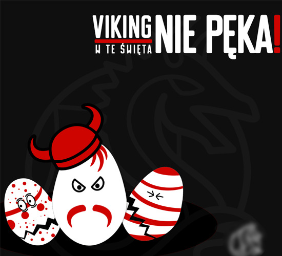 Grafika wektorowa z trzema jajkami wielkanocnymi z motywem wikinga na czarnym tle z napisem 'VIKING NIE PĘKA! W TE ŚWIĘTA'. Jajko w środku ma narysowaną twarz wikinga z czerwoną brodą i hełmem.
