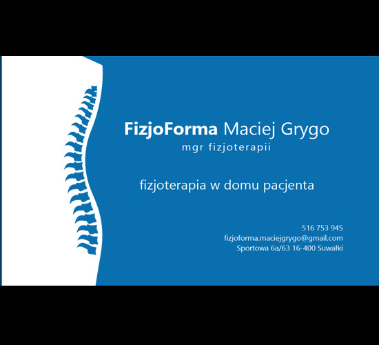 Wizytówka fizjoterapeuty z logo przedstawiającym stylizowany kręgosłup, imię i nazwisko, tytuł mgr fizjoterapii oraz informację o fizjoterapii w domu pacjenta, numer telefonu i adres e-mail.