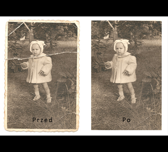 Czarno-białe zdjęcie przedstawiające porównanie stanu starej fotografii przed i po renowacji: po lewej zniszczona, podarta fotografia dziewczynki, po prawej odrestaurowana wersja bez uszkodzeń.
