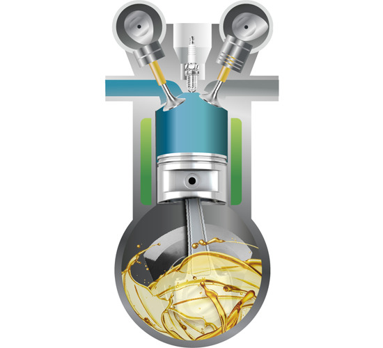 Przekrój silnika spalinowego z widocznym tłokiem, zaworami i olejem silnikowym w ruchu, ilustracja techniczna.