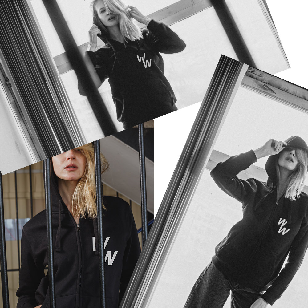 Czarno-biały kolaż przedstawiający kobietę w czarnej bluzie z kapturem z logo 'WW', ujętą z różnych perspektyw i w różnych sceneriach, w tym przy schodach i za kratami.