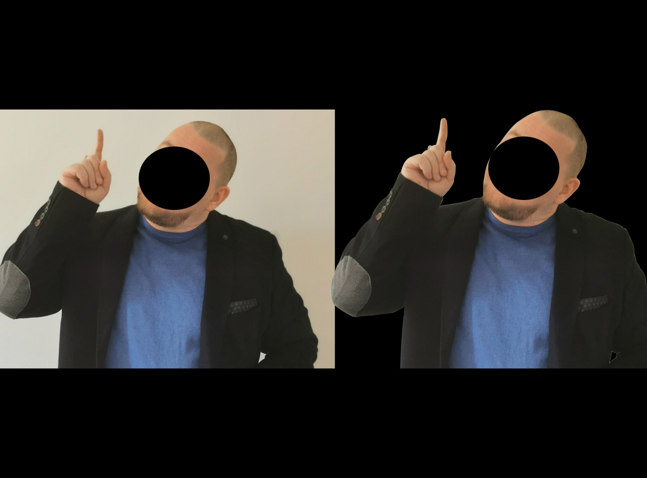 Mężczyzna w czarnej marynarce i niebieskiej koszulce z uniesionym palcem wskazującym, prezentujący pomysł lub ofertę, w Warszawie.